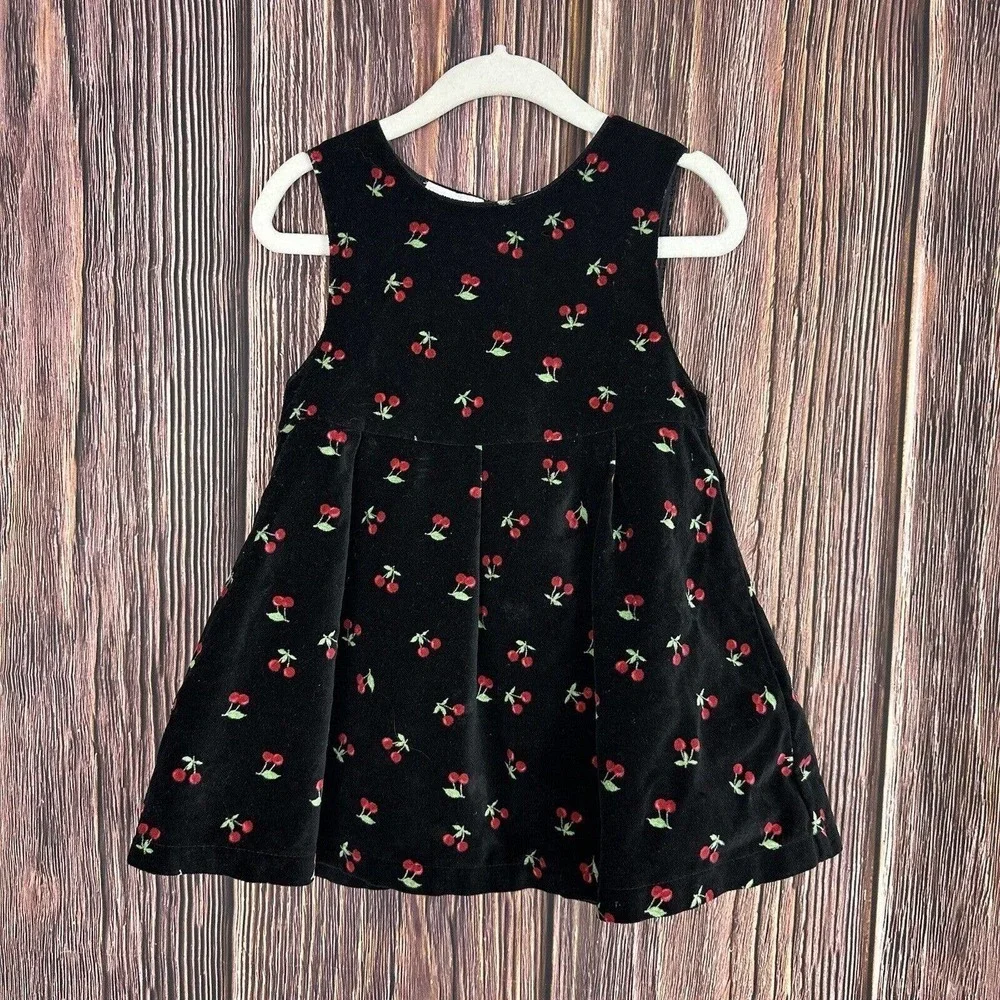 Vintage Baby Girl Cherry Print Dress Velvet Black‎ Size 24 Months